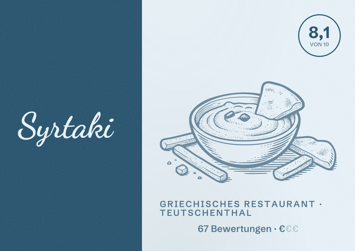 Illustriertes Poster von Syrtaki, Griechisches Restaurant in Teutschenthal: Bewertung 8,1 von 10 aus 67 Bewertungen, Preisniveau €
