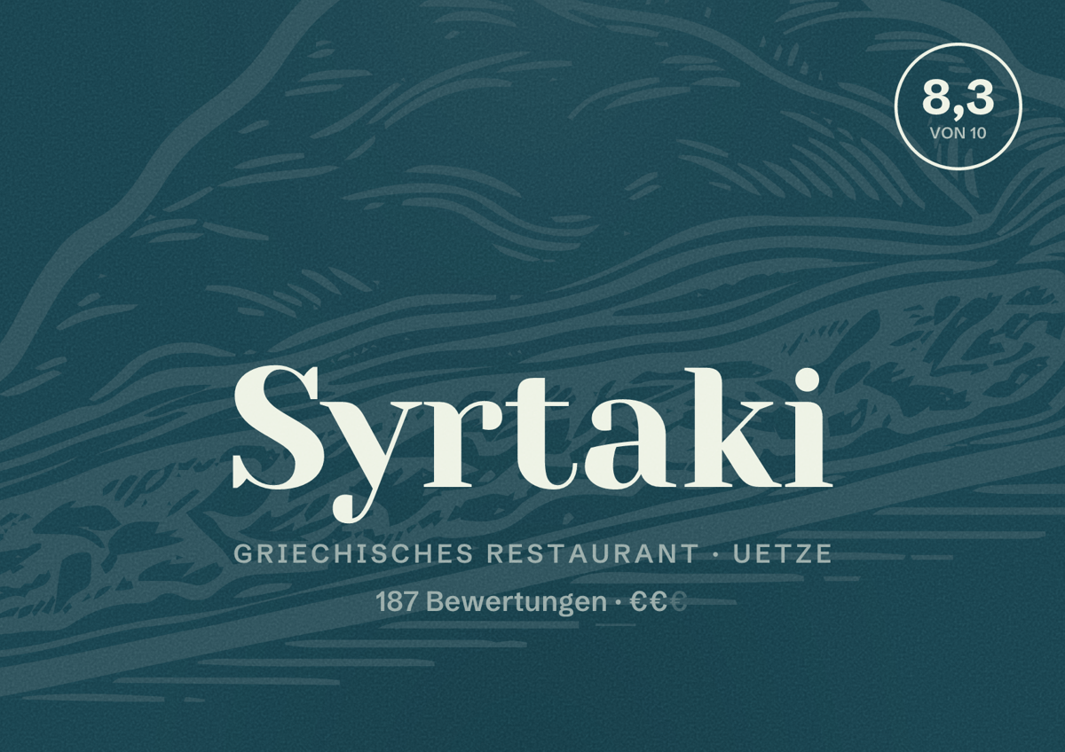 Illustriertes Poster von Syrtaki, Griechisches Restaurant in Uetze: Bewertung 8,3 von 10 aus 187 Bewertungen, Preisniveau €€
