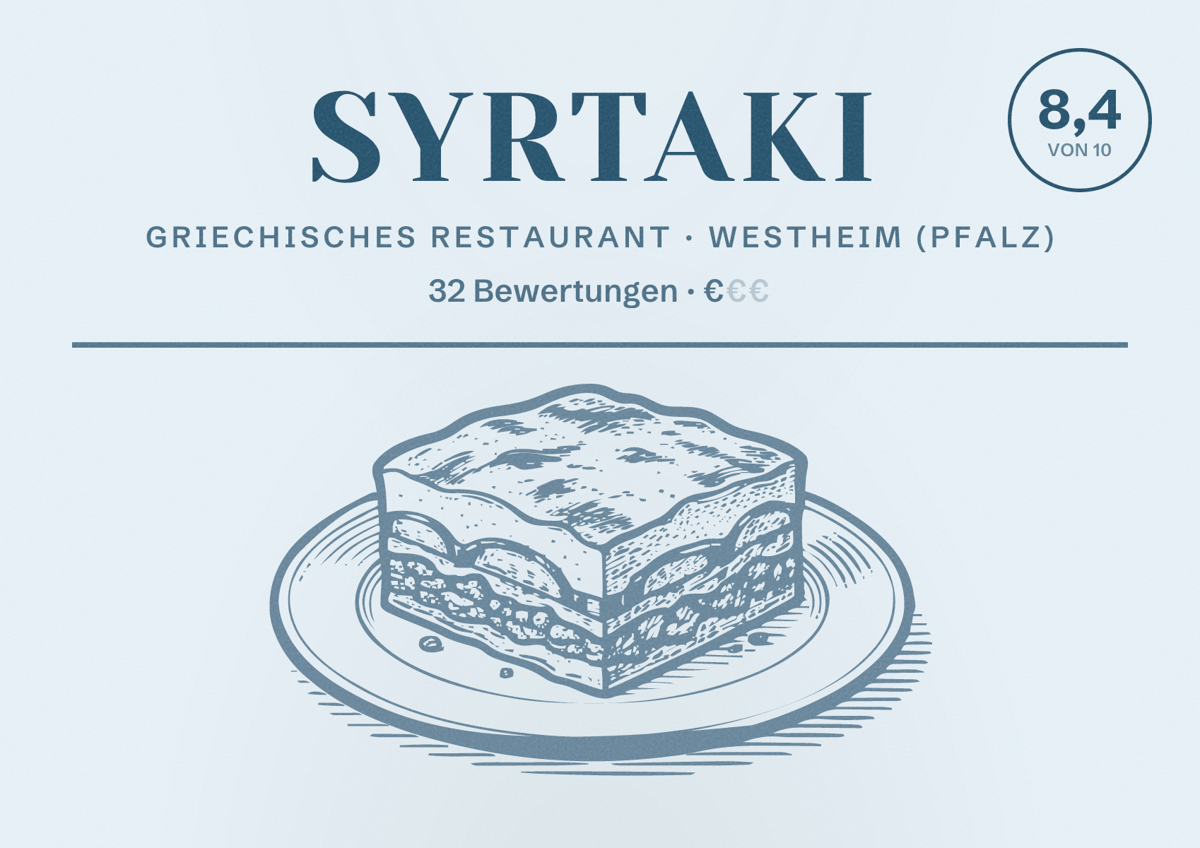 Illustriertes Poster von Syrtaki, Griechisches Restaurant in Westheim (Pfalz): Bewertung 8,4 von 10 aus 32 Bewertungen, Preisniveau €