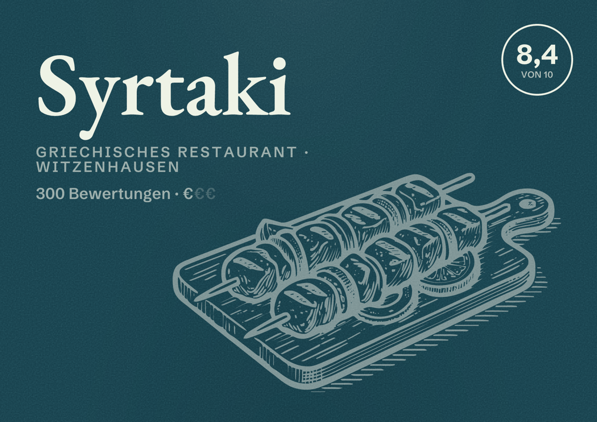 Illustriertes Poster von Syrtaki, Griechisches Restaurant in Witzenhausen: Bewertung 8,4 von 10 aus 300 Bewertungen, Preisniveau €