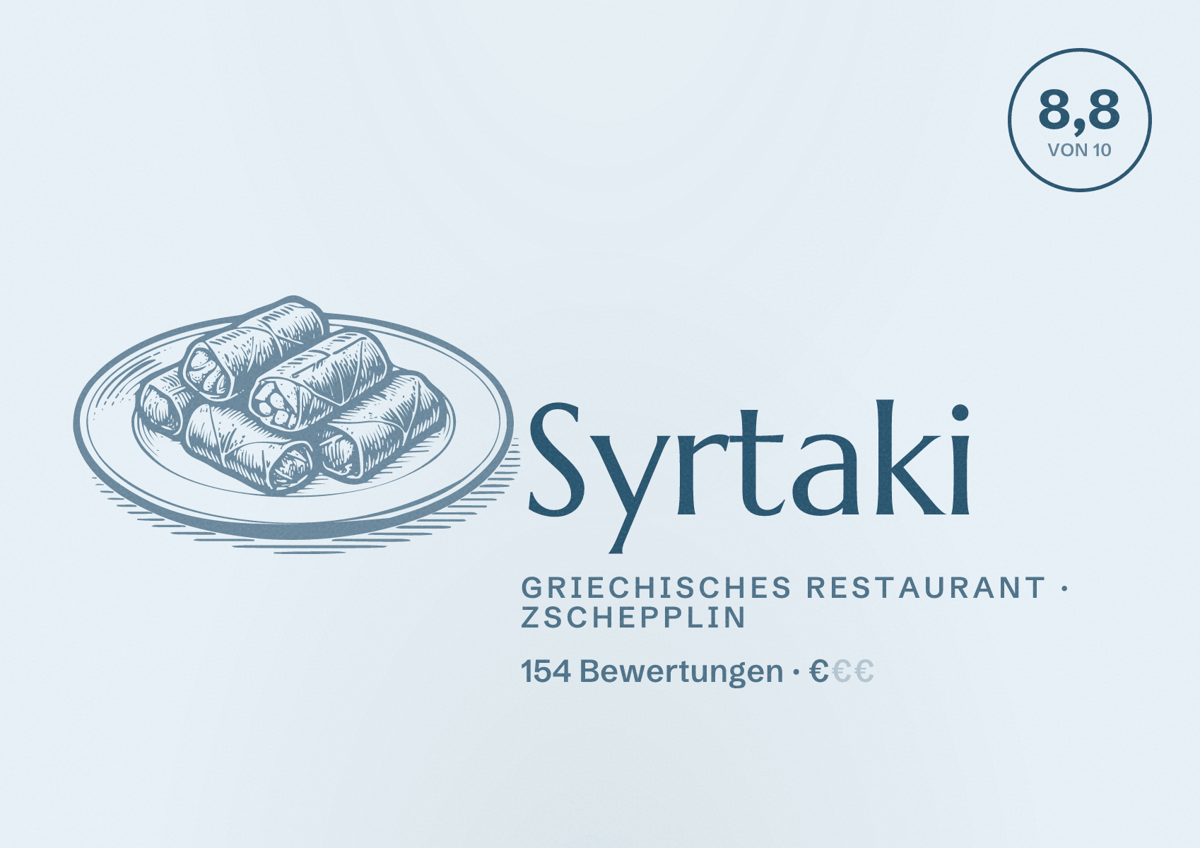 Illustriertes Poster von Syrtaki, Griechisches Restaurant in Zschepplin: Bewertung 8,8 von 10 aus 154 Bewertungen, Preisniveau €