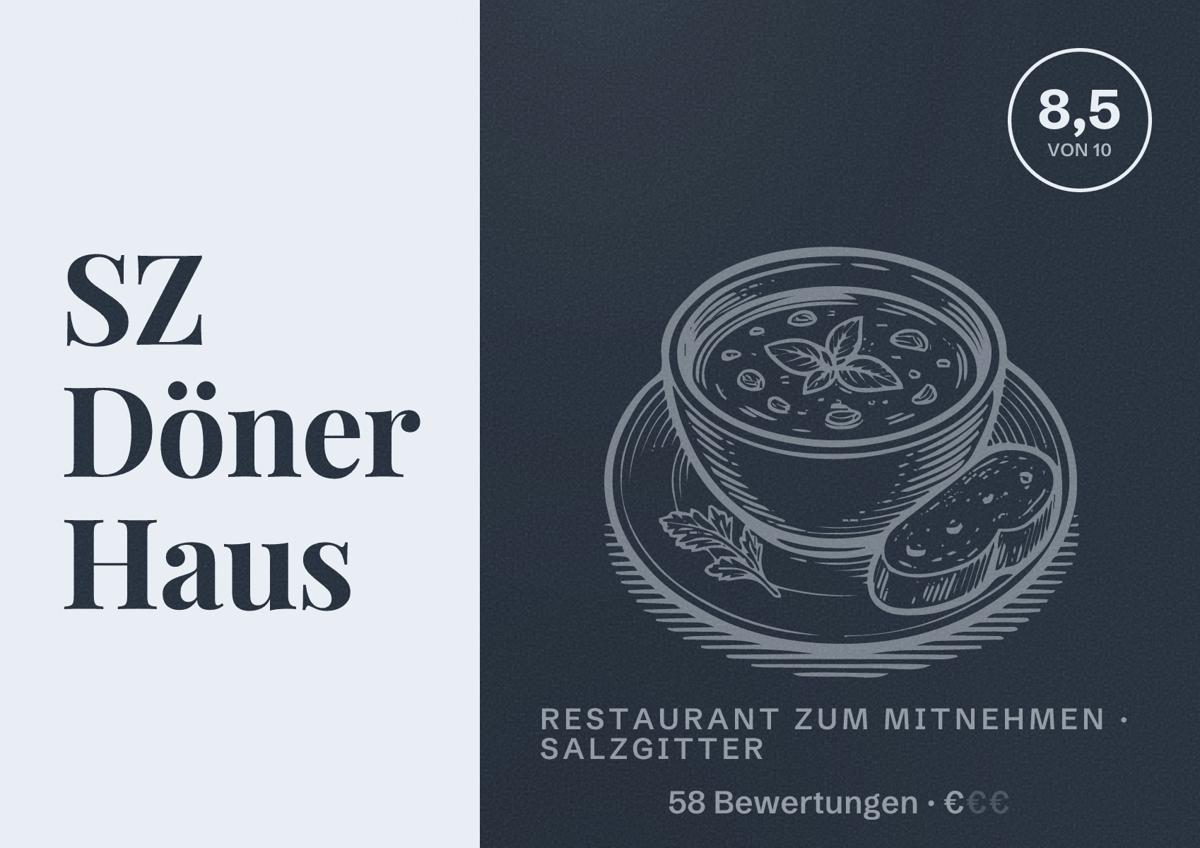 Illustriertes Poster von SZ Döner Haus, Restaurant zum Mitnehmen in Salzgitter: Bewertung 8,5 von 10 aus 58 Bewertungen, Preisniveau €