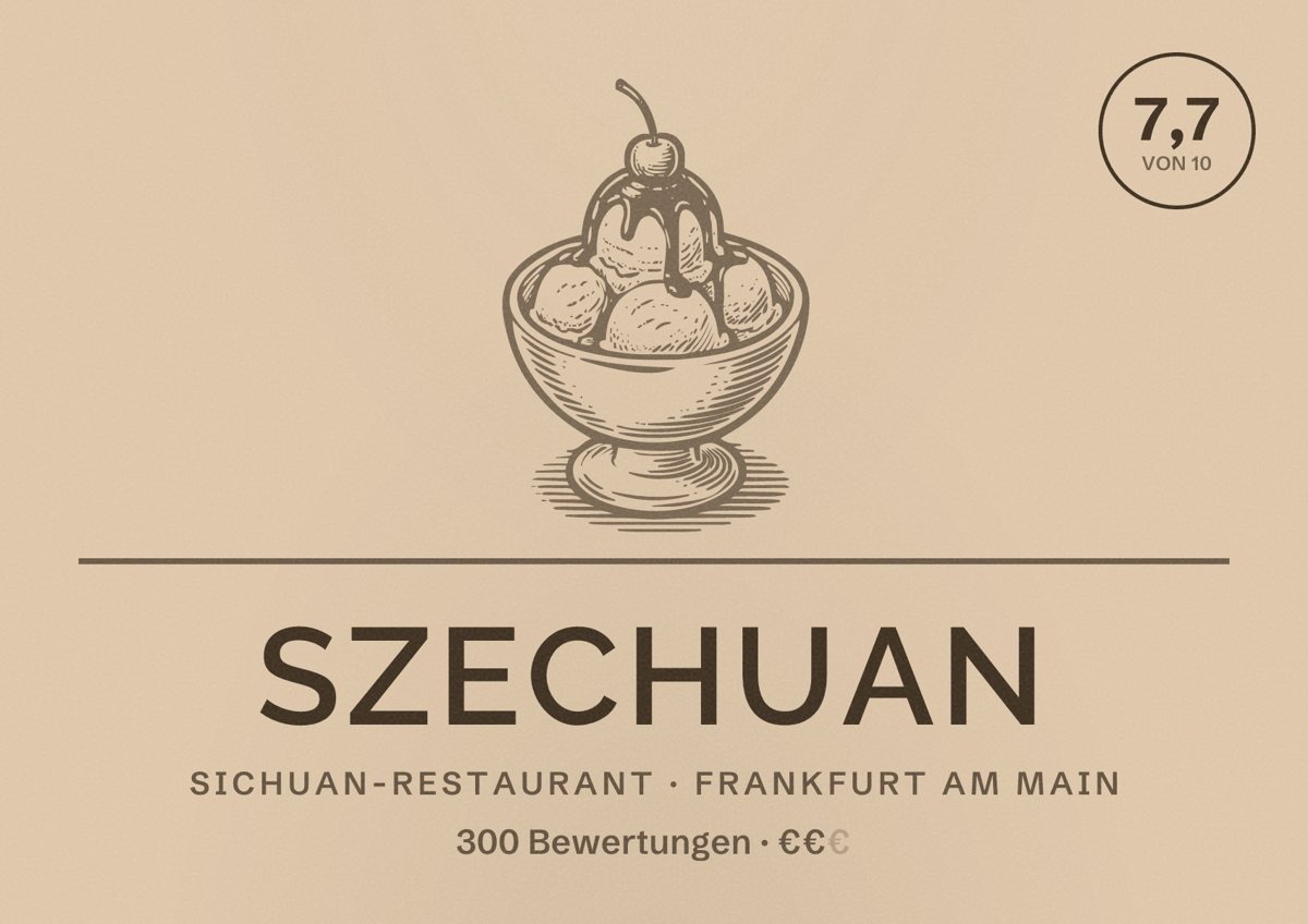 Illustriertes Poster von Szechuan, Sichuan-Restaurant in Frankfurt am Main: Bewertung 7,7 von 10 aus 300 Bewertungen, Preisniveau €