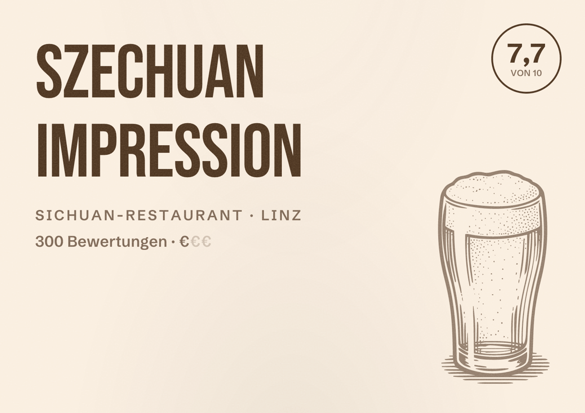 Illustriertes Poster von Szechuan Impression, Sichuan-Restaurant in Linz: Bewertung 7,7 von 10 aus 300 Bewertungen, Preisniveau €
