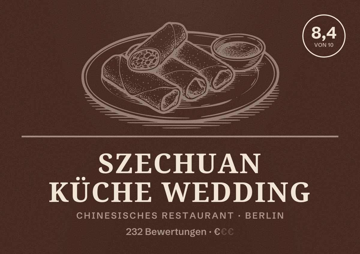 Illustriertes Poster von SzeChuan Küche Wedding, Chinesisches Restaurant in Berlin: Bewertung 8,4 von 10 aus 232 Bewertungen, Preisniveau €