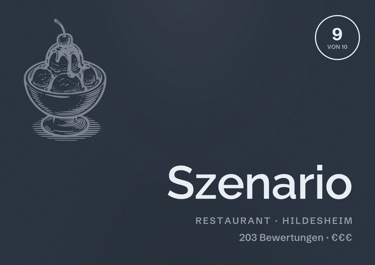 Illustriertes Poster von Szenario, Restaurant in Hildesheim: Bewertung 9 von 10 aus 203 Bewertungen, Preisniveau €€€
