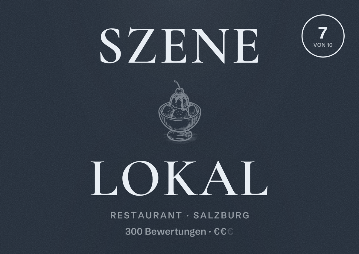 Illustriertes Poster von Szene Lokal, Restaurant in Salzburg: Bewertung 7 von 10 aus 300 Bewertungen, Preisniveau €€