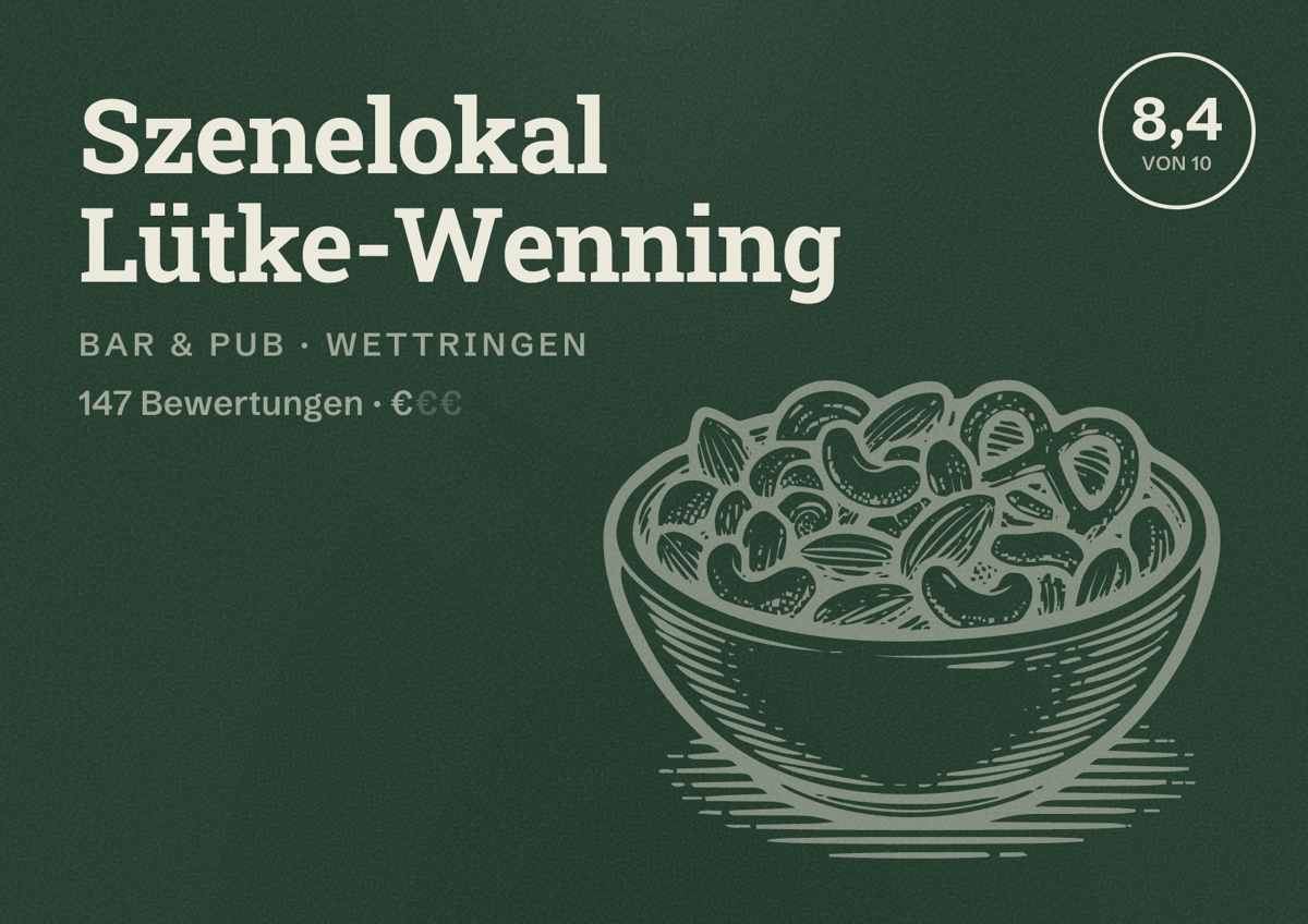 Illustriertes Poster von Szenelokal Lütke-Wenning, Bar & Pub in Wettringen: Bewertung 8,4 von 10 aus 147 Bewertungen, Preisniveau €