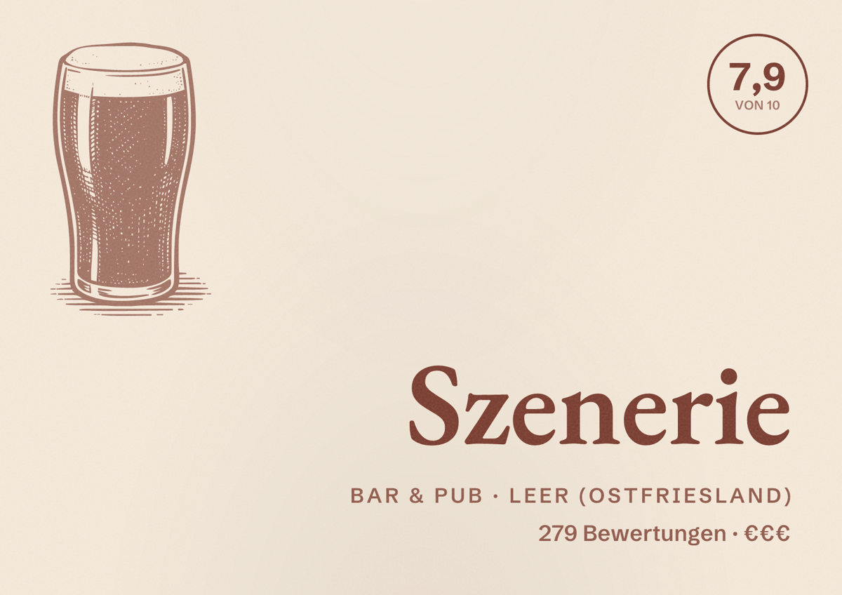 Illustriertes Poster von Szenerie, Bar & Pub in Leer (Ostfriesland): Bewertung 7,9 von 10 aus 279 Bewertungen, Preisniveau €€€