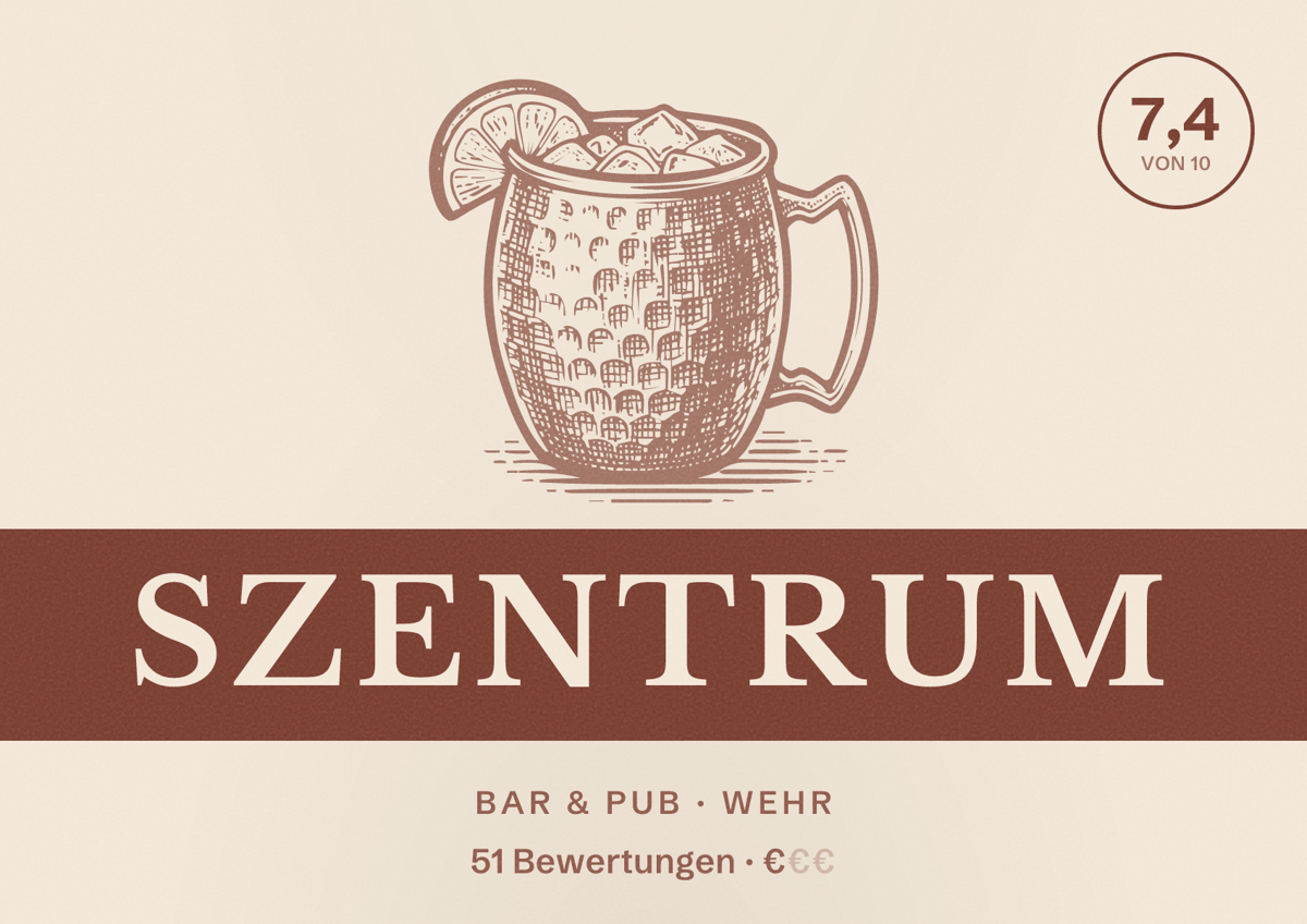 Illustriertes Poster von SZentrum, Bar & Pub in Wehr: Bewertung 7,4 von 10 aus 51 Bewertungen, Preisniveau €