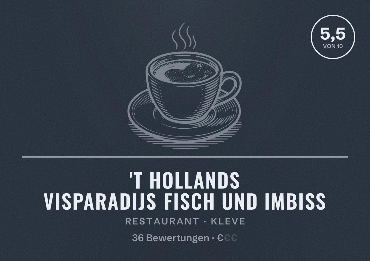 Illustriertes Poster von 't Hollands visparadijs Fisch und Imbiss, Restaurant in Kleve: Bewertung 5,5 von 10 aus 36 Bewertungen, Preisniveau €