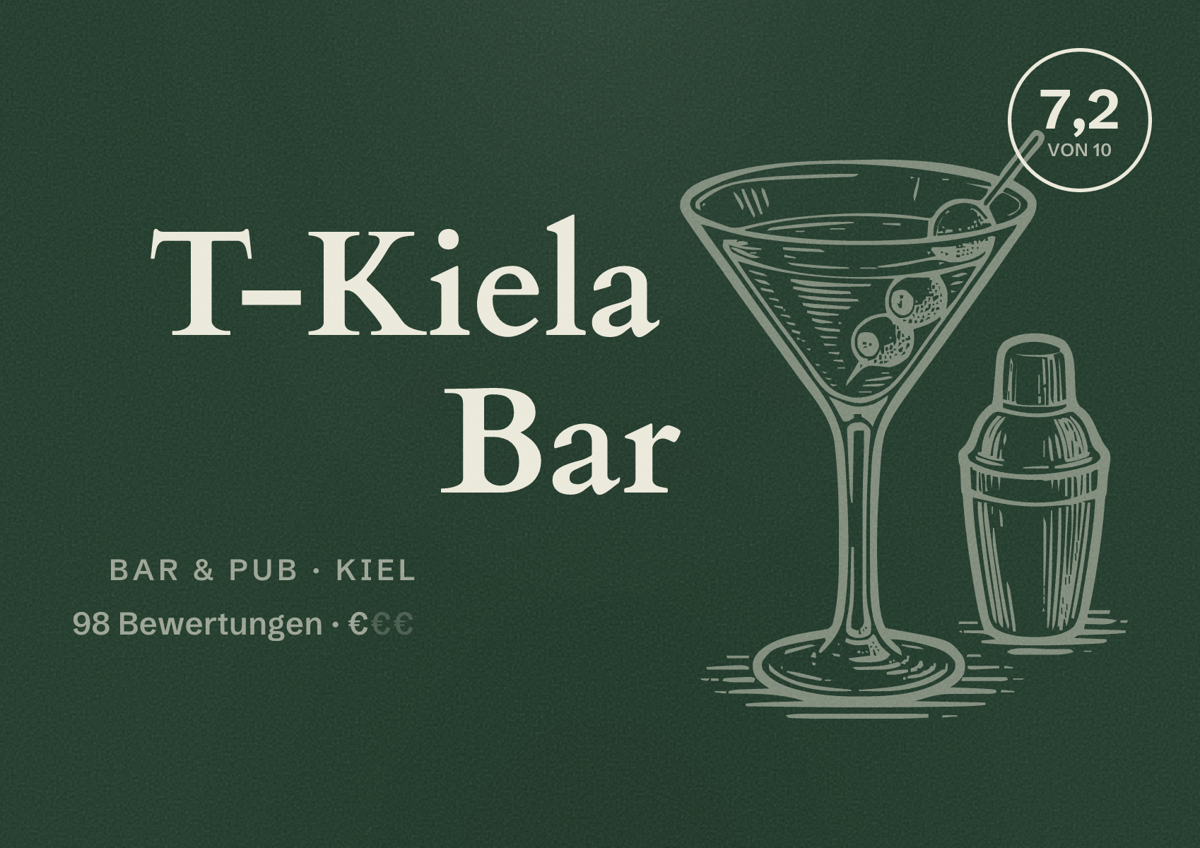 Illustriertes Poster von T-Kiela Bar, Bar & Pub in Kiel: Bewertung 7,2 von 10 aus 98 Bewertungen, Preisniveau €