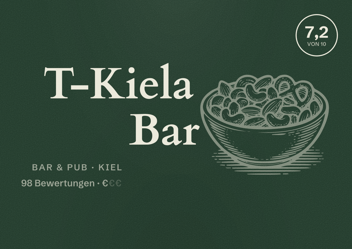 Illustriertes Poster von T-Kiela Bar, Bar & Pub in Kiel: Bewertung 7,2 von 10 aus 98 Bewertungen, Preisniveau €