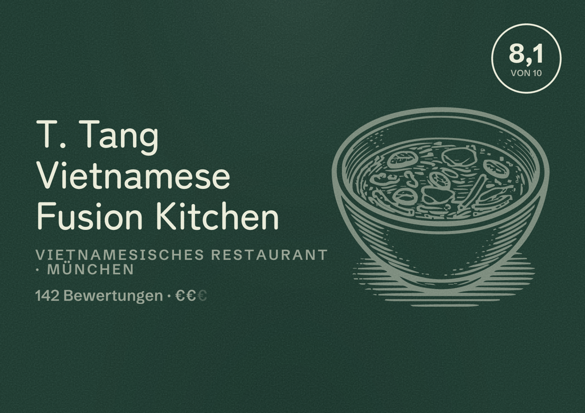 Illustriertes Poster von T. Tang Vietnamese Fusion Kitchen, Vietnamesisches Restaurant in München: Bewertung 8,1 von 10 aus 142 Bewertungen, Preisniveau €€