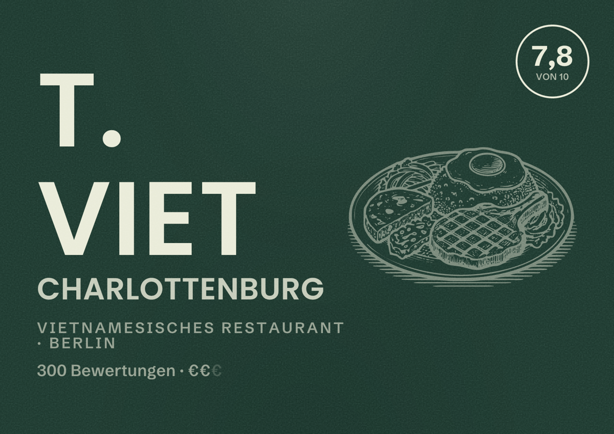 Illustriertes Poster von T. Viet Charlottenburg, Vietnamesisches Restaurant in Berlin: Bewertung 7,8 von 10 aus 300 Bewertungen, Preisniveau €€