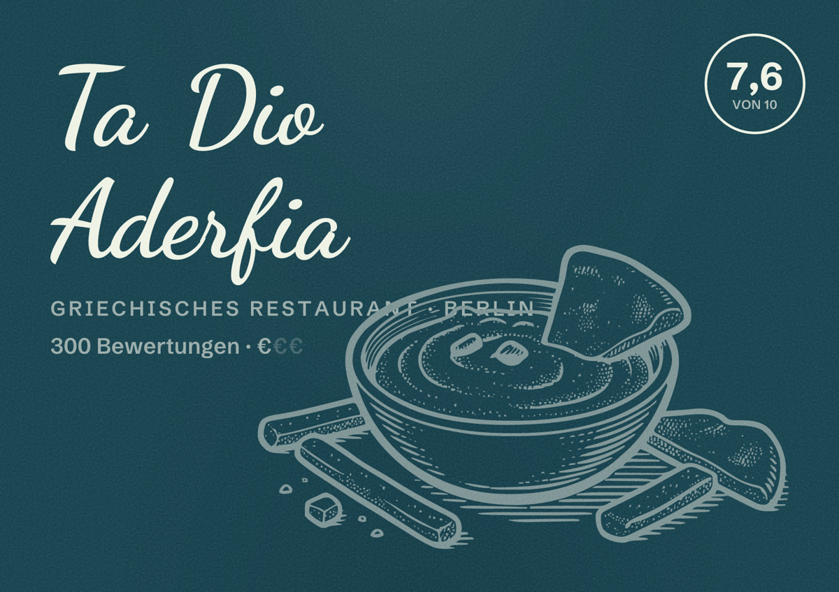 Illustriertes Poster von Ta Dio Aderfia, Griechisches Restaurant in Berlin: Bewertung 7,6 von 10 aus 300 Bewertungen, Preisniveau €