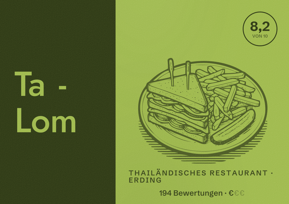 Illustriertes Poster von Ta - Lom, Thailändisches Restaurant in Erding: Bewertung 8,2 von 10 aus 194 Bewertungen, Preisniveau €