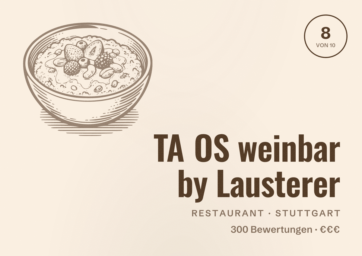 Illustriertes Poster von TA OS weinbar by Lausterer, Restaurant in Stuttgart: Bewertung 8,0 von 10 aus 300 Bewertungen, Preisniveau €€€