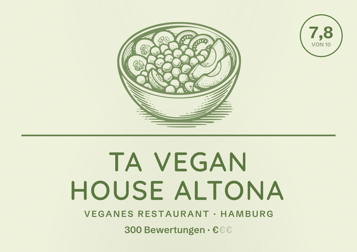 Illustriertes Poster von TA Vegan House Altona, Veganes Restaurant in Hamburg: Bewertung 7,8 von 10 aus 300 Bewertungen, Preisniveau €