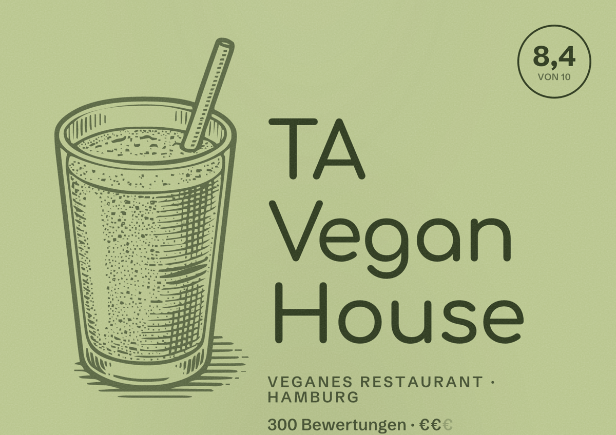 Illustriertes Poster von TA Vegan House, Veganes Restaurant in Hamburg: Bewertung 8,4 von 10 aus 300 Bewertungen, Preisniveau €€
