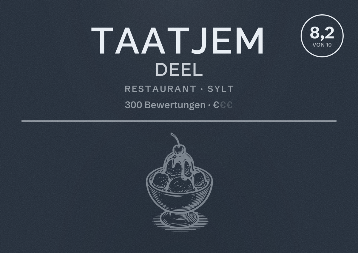 Illustriertes Poster von Taatjem Deel, Restaurant in Sylt: Bewertung 8,2 von 10 aus 300 Bewertungen, Preisniveau €