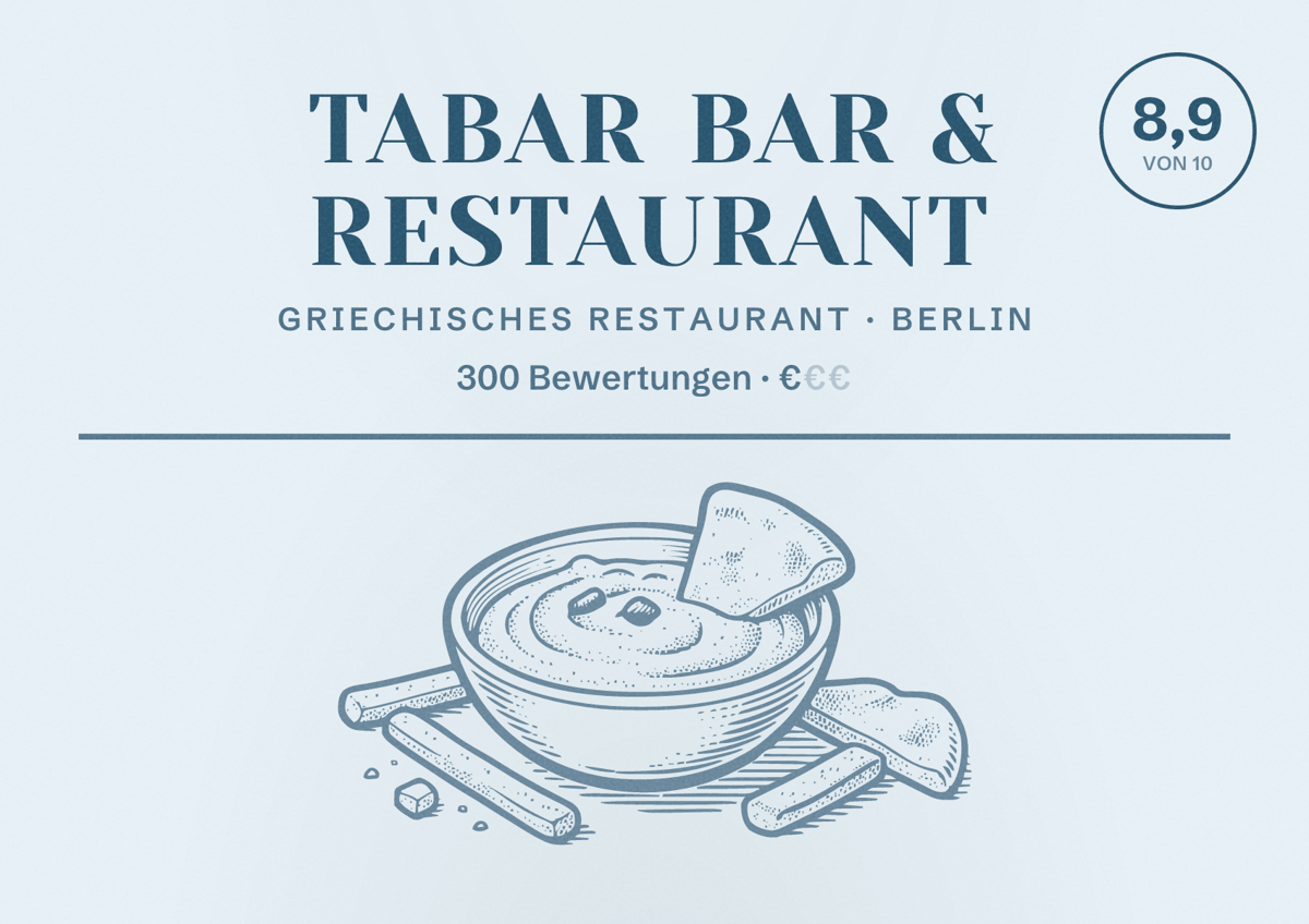 Illustriertes Poster von Tabar Bar & Restaurant, Griechisches Restaurant in Berlin: Bewertung 8,9 von 10 aus 300 Bewertungen, Preisniveau €