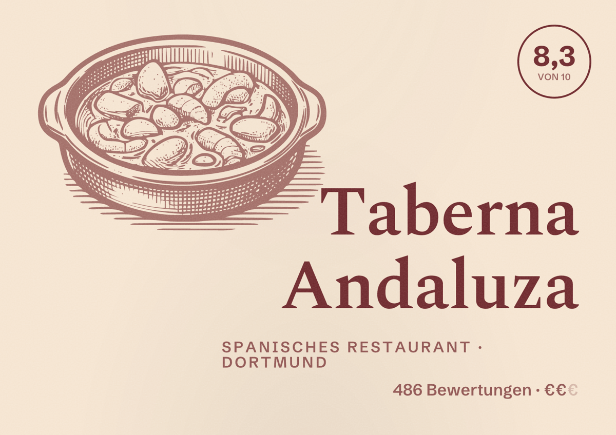 Illustriertes Poster von Taberna Andaluza, Spanisches Restaurant in Dortmund: Bewertung 8,3 von 10 aus 486 Bewertungen, Preisniveau €€