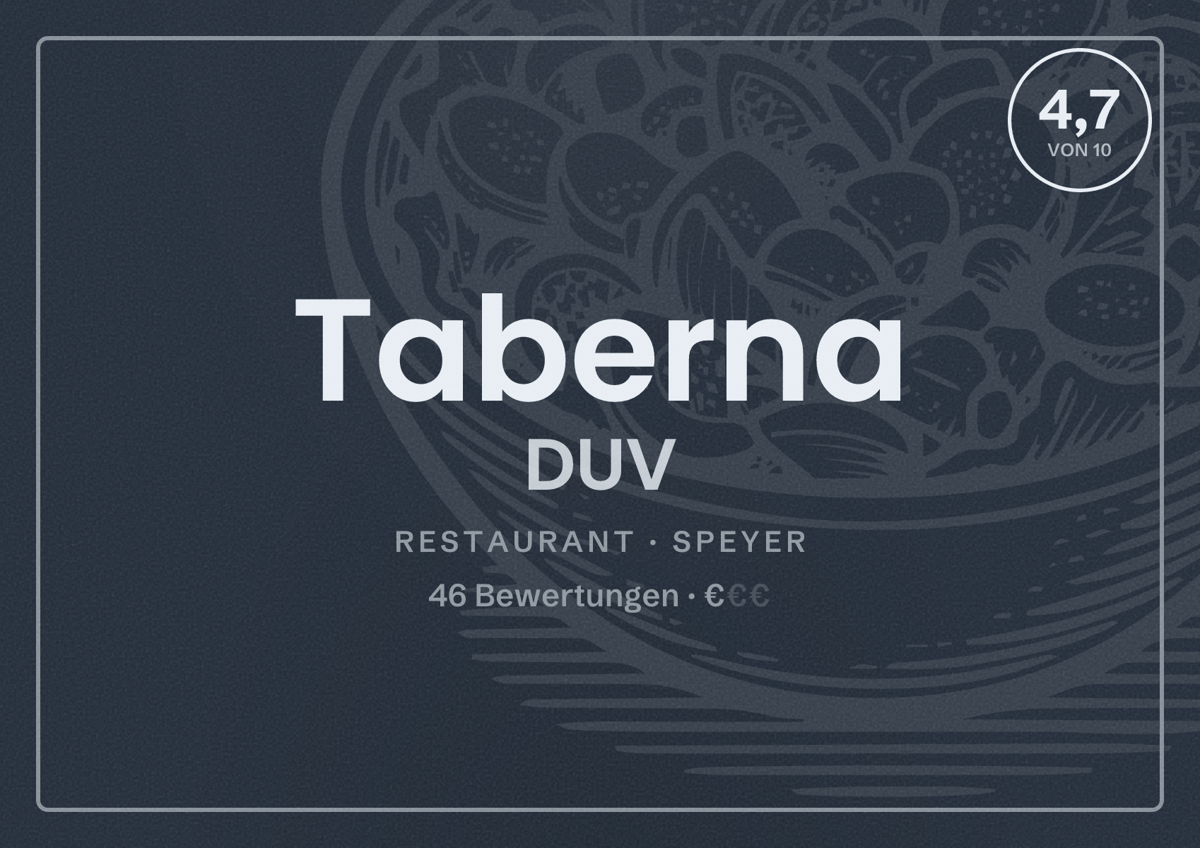 Illustriertes Poster von Taberna DUV, Restaurant in Speyer: Bewertung 4,7 von 10 aus 46 Bewertungen, Preisniveau €