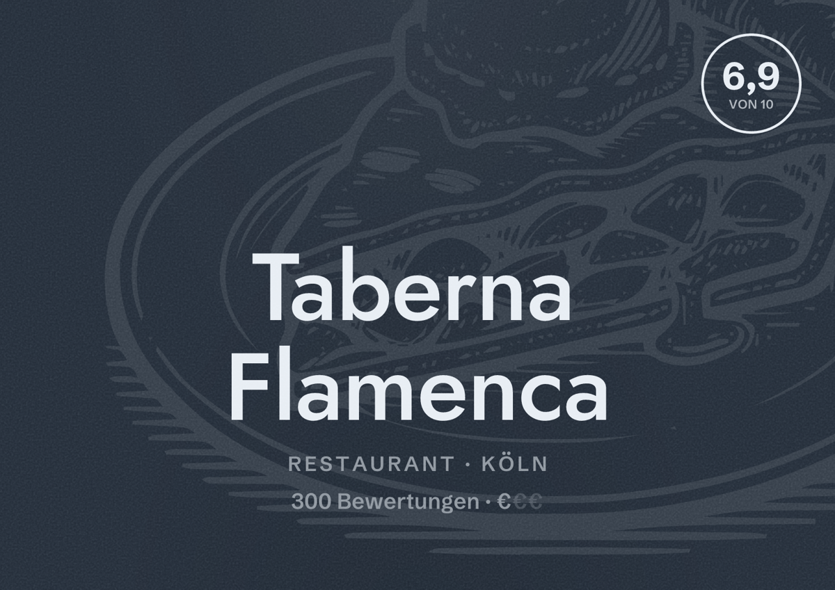 Illustriertes Poster von Taberna Flamenca, Restaurant in Köln: Bewertung 6,9 von 10 aus 300 Bewertungen, Preisniveau €