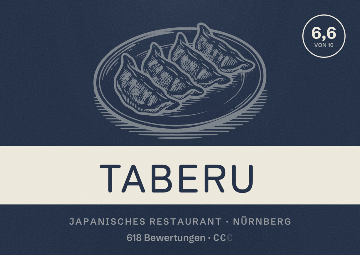 Illustriertes Poster von Taberu, Japanisches Restaurant in Nürnberg: Bewertung 6,6 von 10 aus 618 Bewertungen, Preisniveau €€