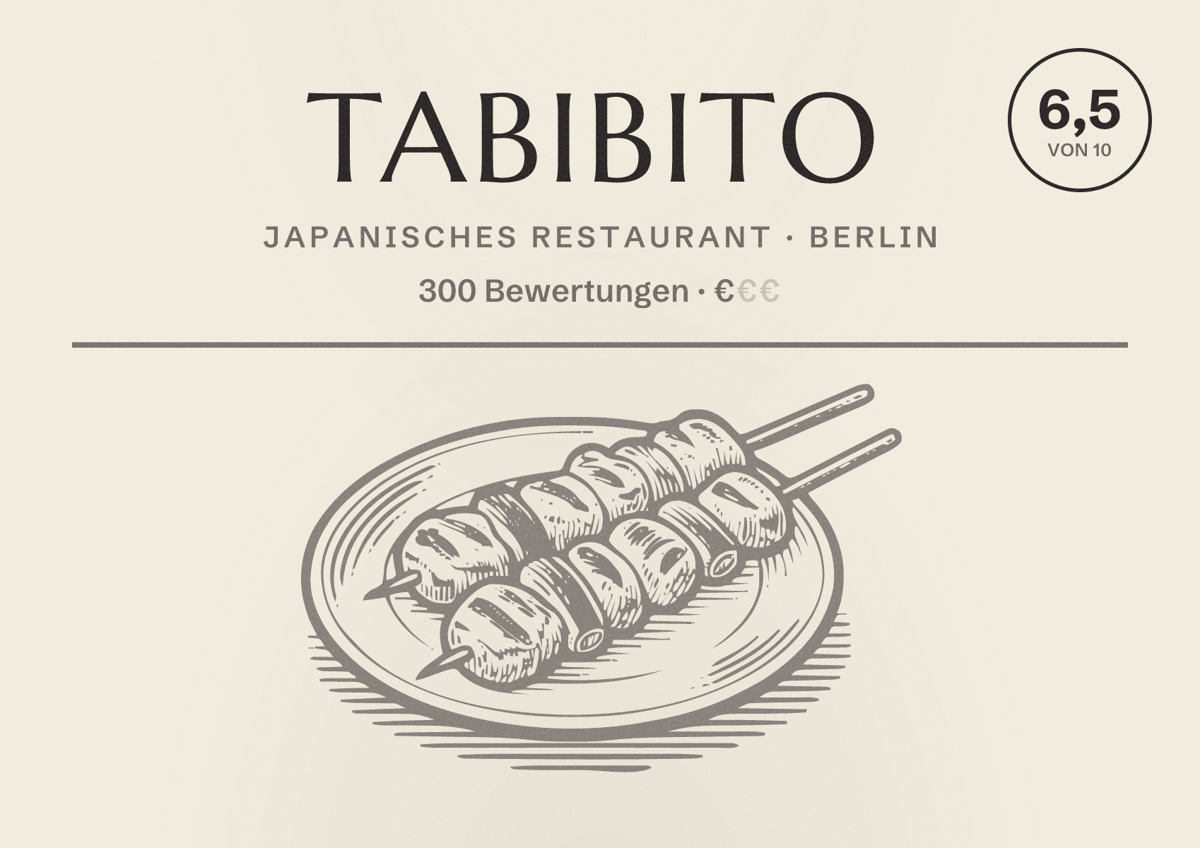 Illustriertes Poster von Tabibito, Japanisches Restaurant in Berlin: Bewertung 6,5 von 10 aus 300 Bewertungen, Preisniveau €