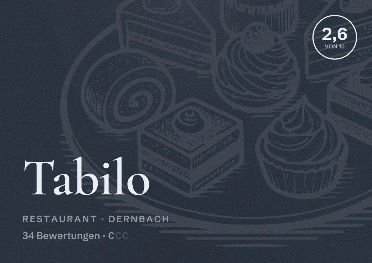 Illustriertes Poster von Tabilo, Restaurant in Dernbach: Bewertung 2,6 von 10 aus 34 Bewertungen, Preisniveau €