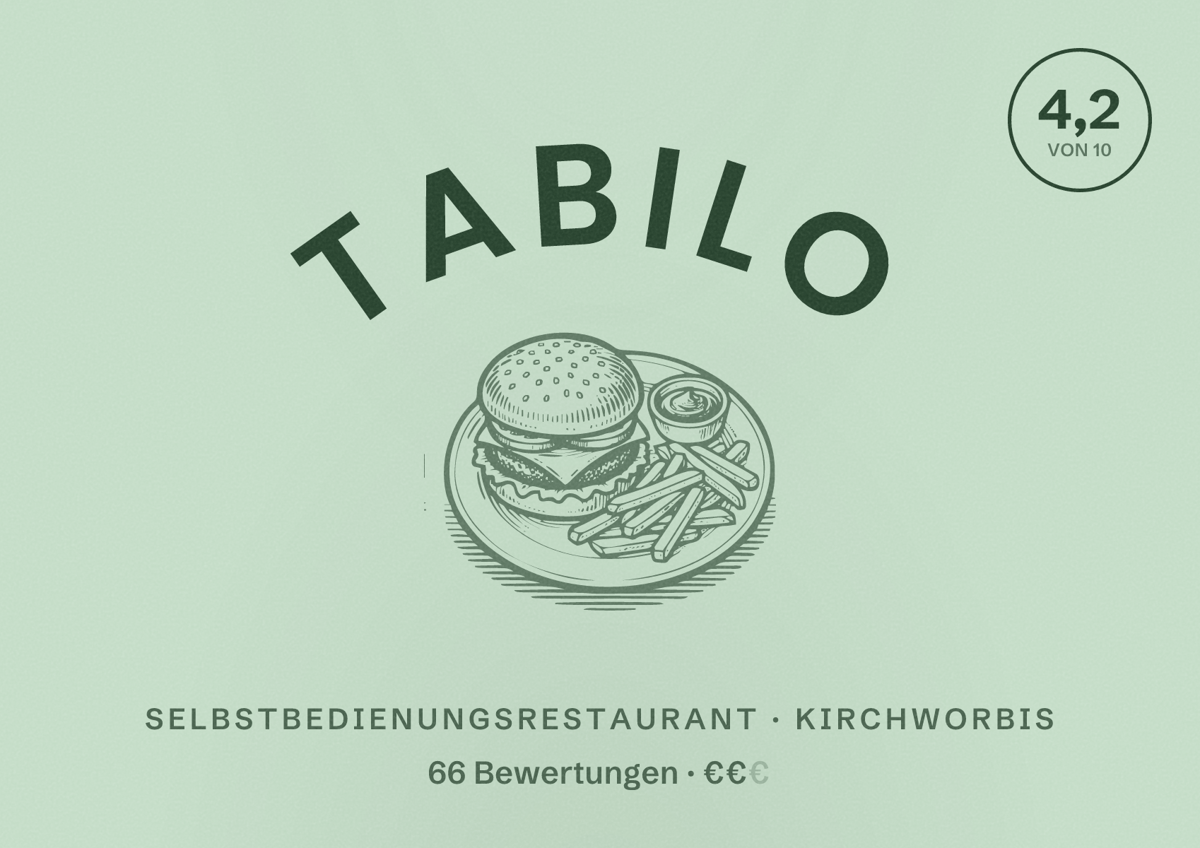 Illustriertes Poster von Tabilo, Selbstbedienungsrestaurant in Kirchworbis: Bewertung 4,2 von 10 aus 66 Bewertungen, Preisniveau €€