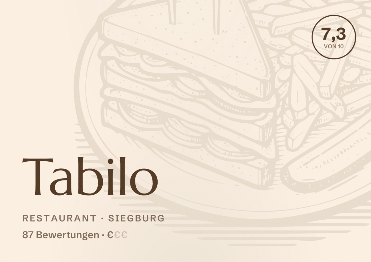 Illustriertes Poster von Tabilo, Restaurant in Siegburg: Bewertung 7,3 von 10 aus 87 Bewertungen, Preisniveau €