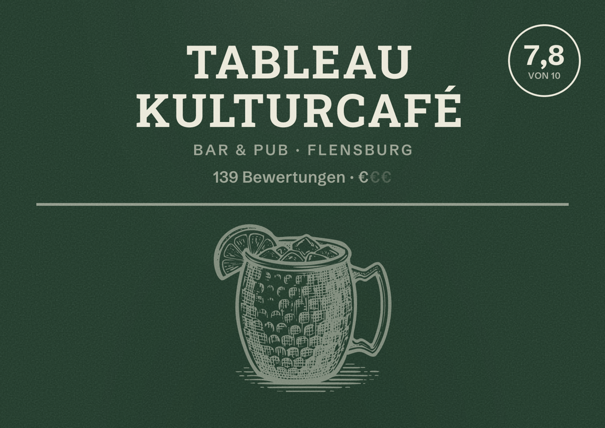 Illustriertes Poster von Tableau Kulturcafé, Bar & Pub in Flensburg: Bewertung 7,8 von 10 aus 139 Bewertungen, Preisniveau €