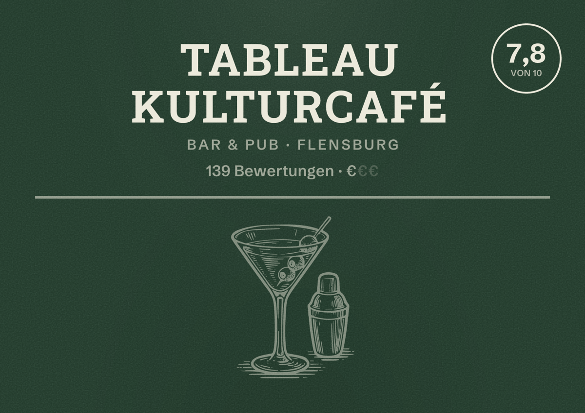 Illustriertes Poster von Tableau Kulturcafé, Bar & Pub in Flensburg: Bewertung 7,8 von 10 aus 139 Bewertungen, Preisniveau €