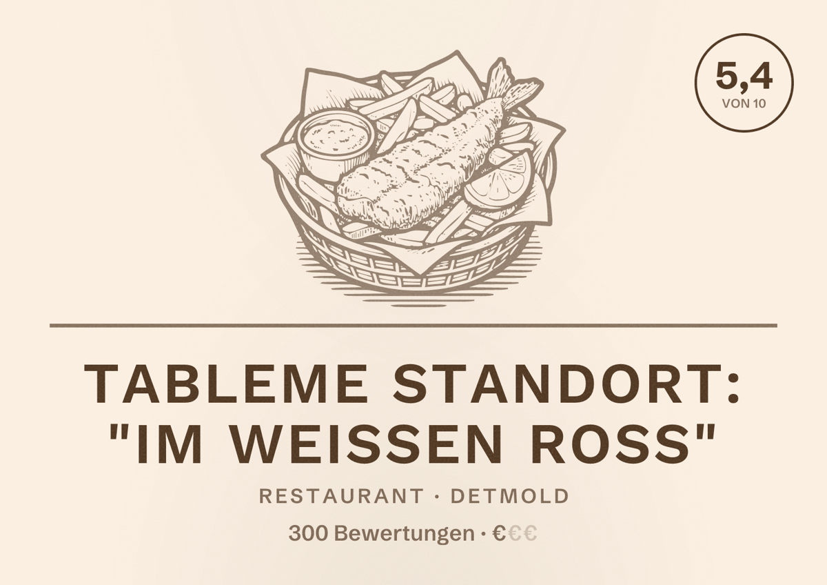 Illustriertes Poster von TableME Standort: "Im Weißen Ross", Restaurant in Detmold: Bewertung 5,4 von 10 aus 300 Bewertungen, Preisniveau €