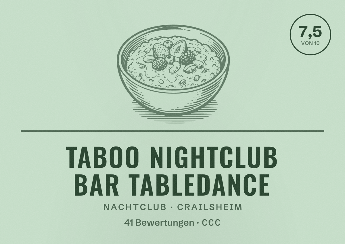 Illustriertes Poster von Taboo Nightclub Bar Tabledance, Nachtclub in Crailsheim: Bewertung 7,5 von 10 aus 41 Bewertungen, Preisniveau €€€