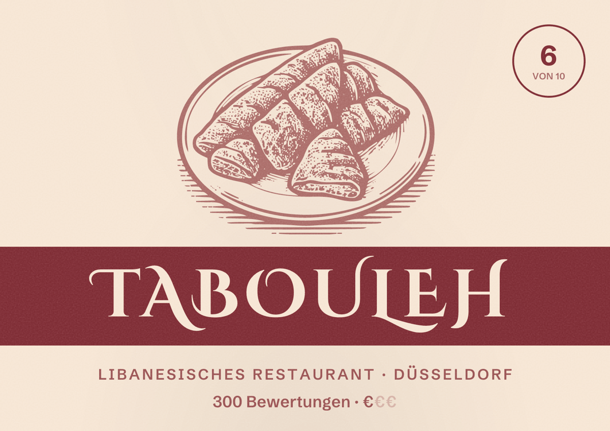 Illustriertes Poster von Tabouleh, Libanesisches Restaurant in Düsseldorf: Bewertung 6,0 von 10 aus 300 Bewertungen, Preisniveau €