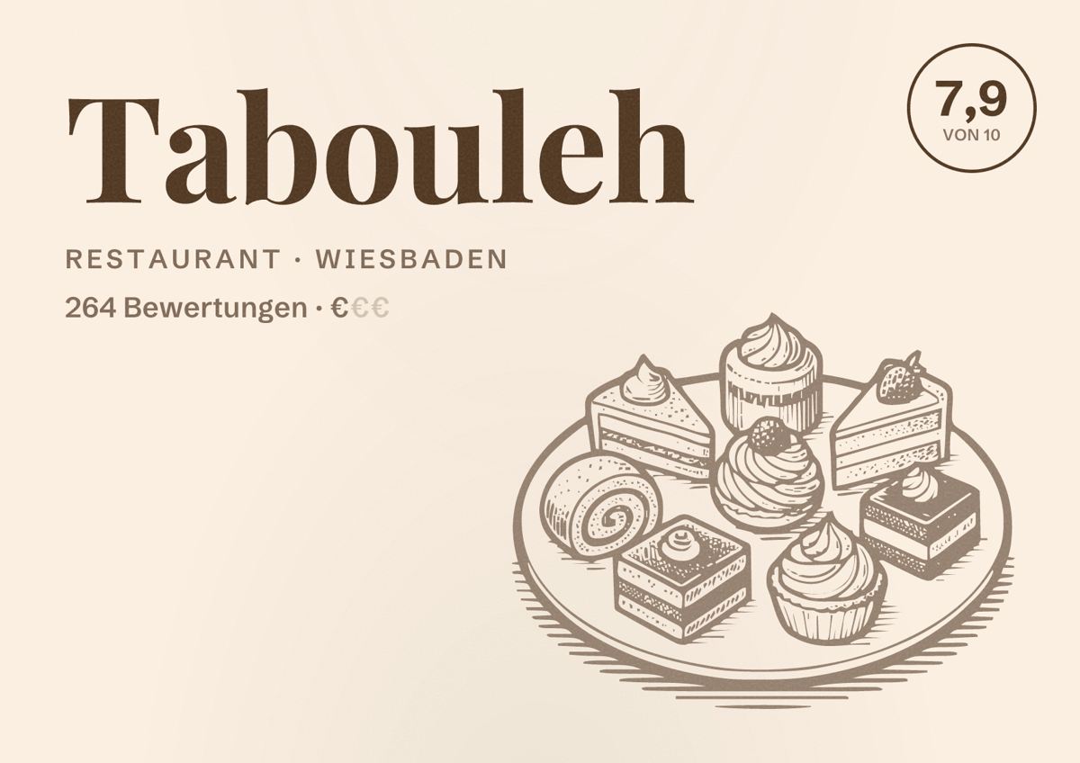 Illustriertes Poster von Tabouleh, Restaurant in Wiesbaden: Bewertung 7,9 von 10 aus 264 Bewertungen, Preisniveau €