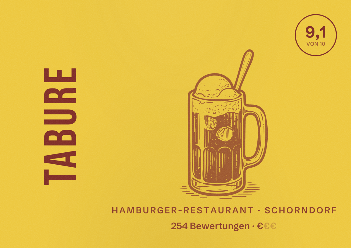 Illustriertes Poster von Tabure, Hamburger-Restaurant in Schorndorf: Bewertung 9,1 von 10 aus 254 Bewertungen, Preisniveau €