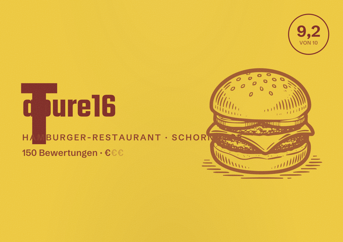 Illustriertes Poster von Tabure16, Hamburger-Restaurant in Schorndorf: Bewertung 9,2 von 10 aus 150 Bewertungen, Preisniveau €