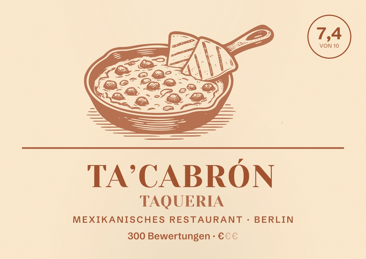 Illustriertes Poster von Ta’Cabrón Taqueria, Mexikanisches Restaurant in Berlin: Bewertung 7,4 von 10 aus 300 Bewertungen, Preisniveau €