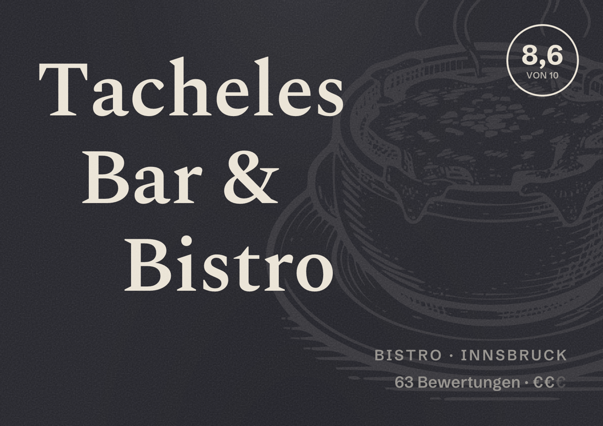 Illustriertes Poster von Tacheles Bar & Bistro, Bistro in Innsbruck: Bewertung 8,6 von 10 aus 63 Bewertungen, Preisniveau €€