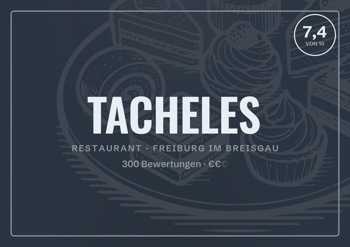 Illustriertes Poster von TACHELES, Restaurant in Freiburg im Breisgau: Bewertung 7,4 von 10 aus 300 Bewertungen, Preisniveau €€