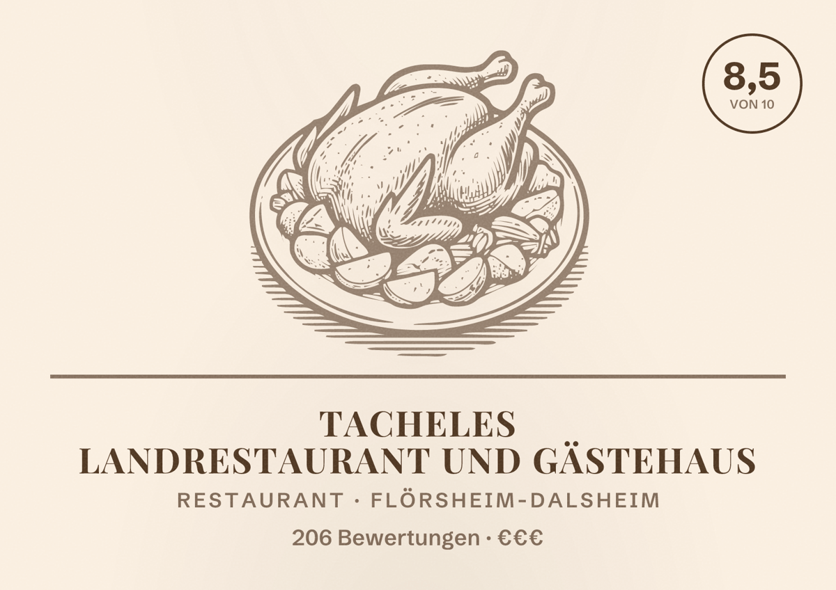 Illustriertes Poster von Tacheles Landrestaurant und Gästehaus, Restaurant in Flörsheim-Dalsheim: Bewertung 8,5 von 10 aus 206 Bewertungen, Preisniveau €€€