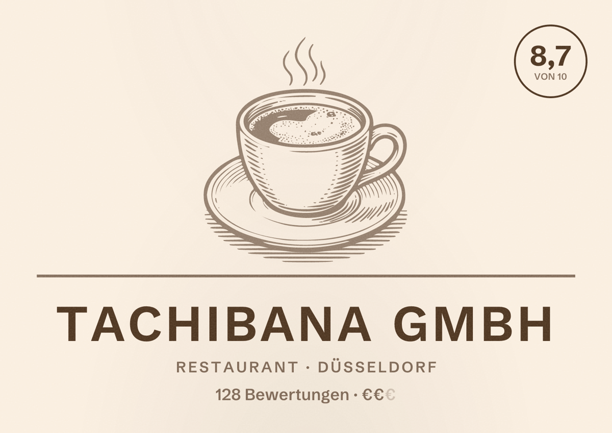Illustriertes Poster von Tachibana GmbH, Restaurant in Düsseldorf: Bewertung 8,7 von 10 aus 128 Bewertungen, Preisniveau €€
