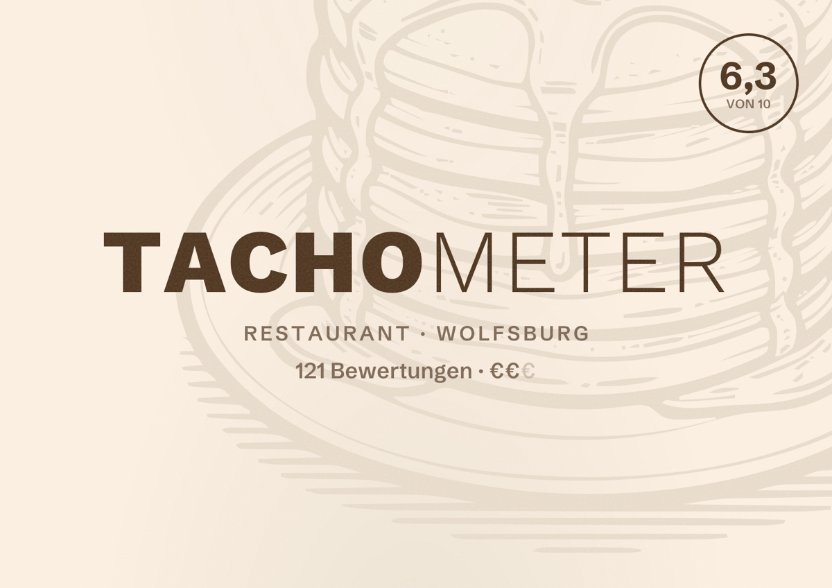 Illustriertes Poster von Tachometer, Restaurant in Wolfsburg: Bewertung 6,3 von 10 aus 121 Bewertungen, Preisniveau €€