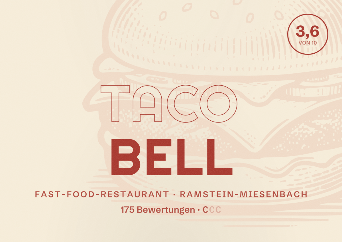 Illustriertes Poster von Taco Bell, Fast-Food-Restaurant in Ramstein-Miesenbach: Bewertung 3,6 von 10 aus 175 Bewertungen, Preisniveau €