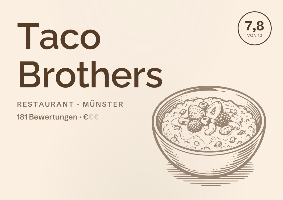 Illustriertes Poster von Taco Brothers, Restaurant in Münster: Bewertung 7,8 von 10 aus 181 Bewertungen, Preisniveau €